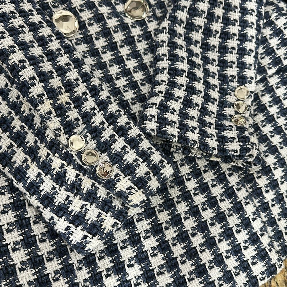 Elie Tahari Blue And White Tweed Double Breasted Blazer Size 8 - Picture 12 of 12